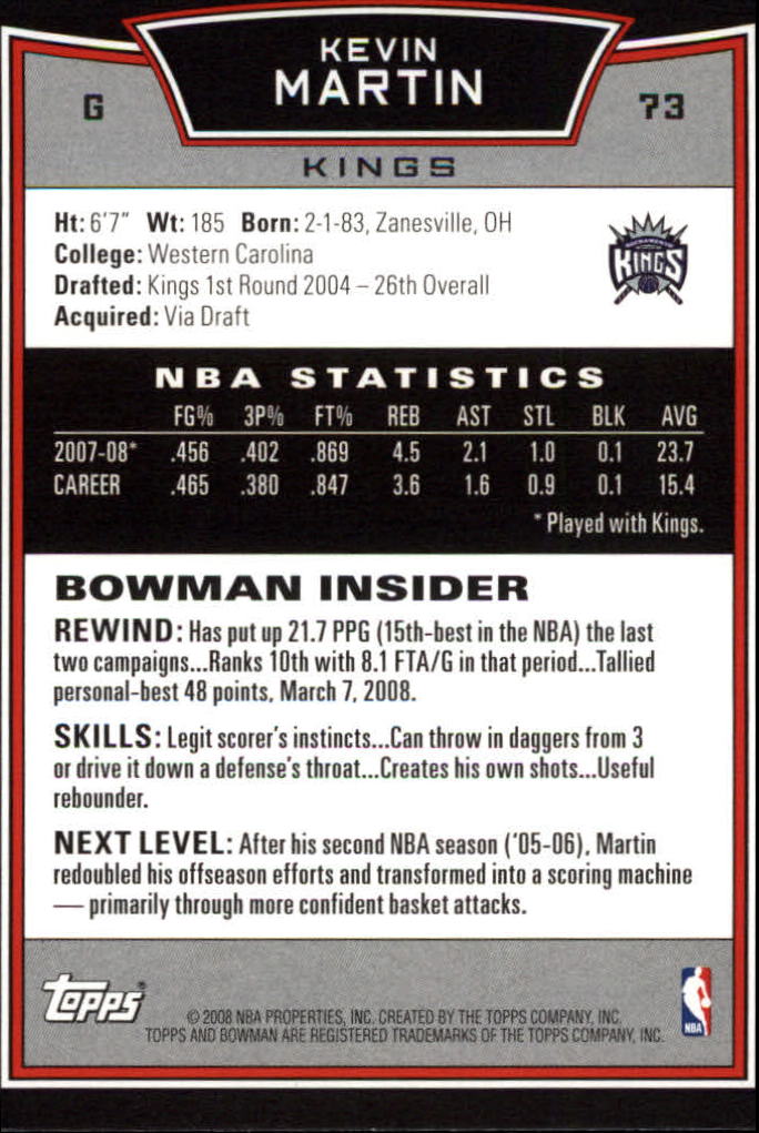 2008-09 Bowman #73 Kevin Martin back image