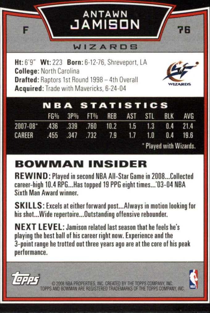 2008-09 Bowman #76 Antawn Jamison back image