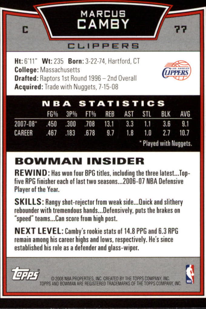 2008-09 Bowman #77 Marcus Camby back image