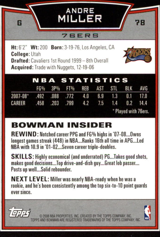 2008-09 Bowman #78 Andre Miller back image