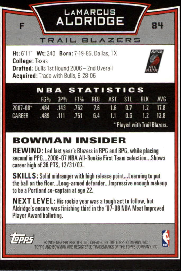 2008-09 Bowman #84 LaMarcus Aldridge back image