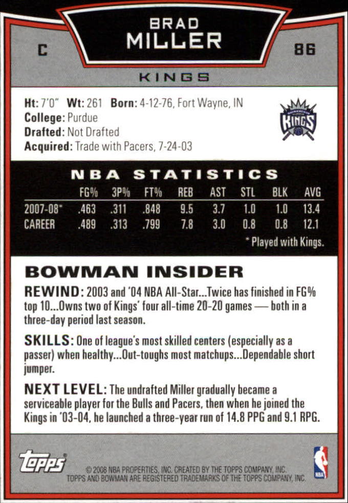 2008-09 Bowman #86 Brad Miller back image