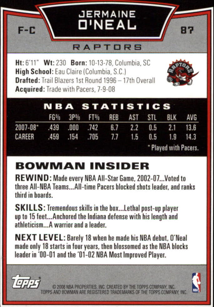 2008-09 Bowman #87 Jermaine O'Neal back image
