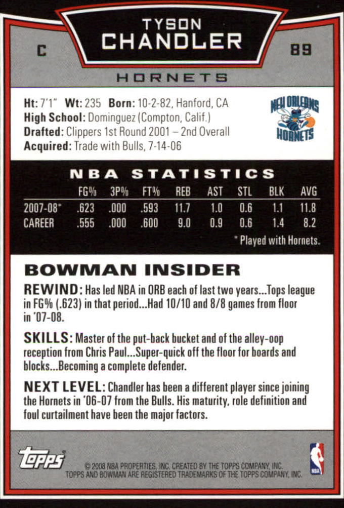 2008-09 Bowman #89 Tyson Chandler back image