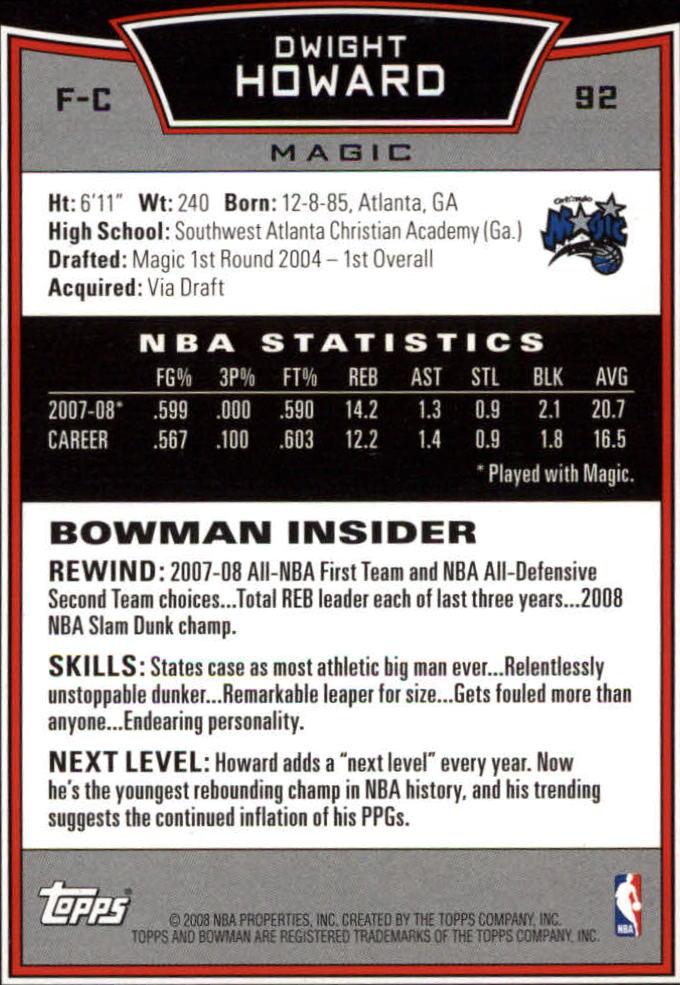 2008-09 Bowman #92 Dwight Howard back image