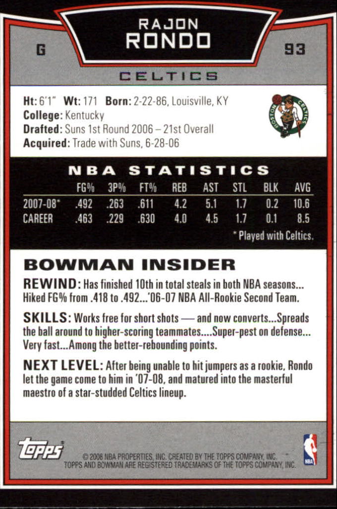 2008-09 Bowman #93 Rajon Rondo back image