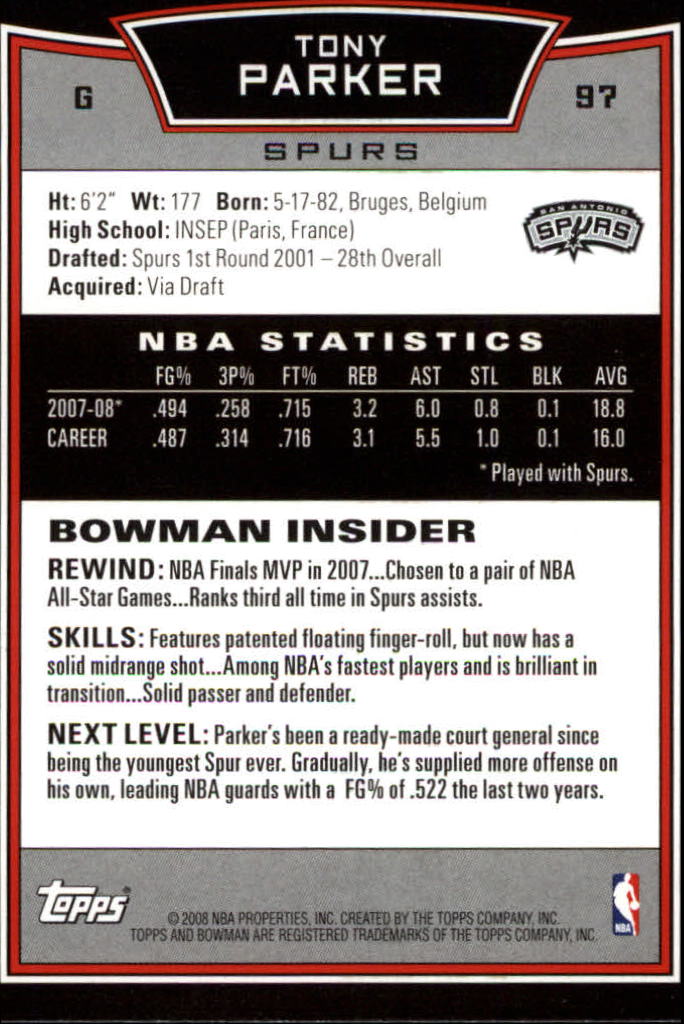 2008-09 Bowman #97 Tony Parker back image
