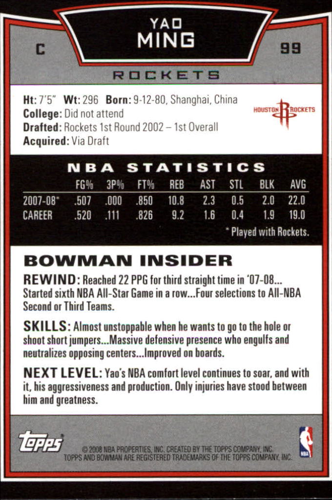 2008-09 Bowman #99 Yao Ming back image