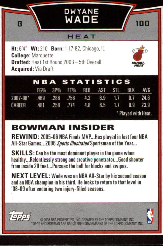 2008-09 Bowman #100 Dwyane Wade back image