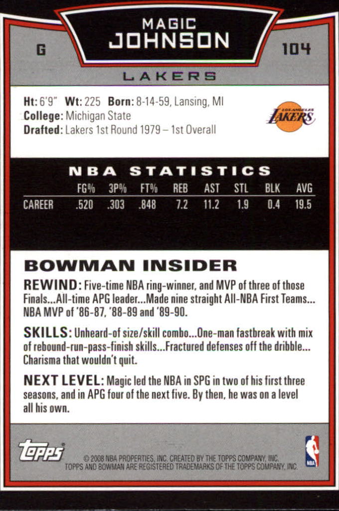 2008-09 Bowman #104 Magic Johnson back image