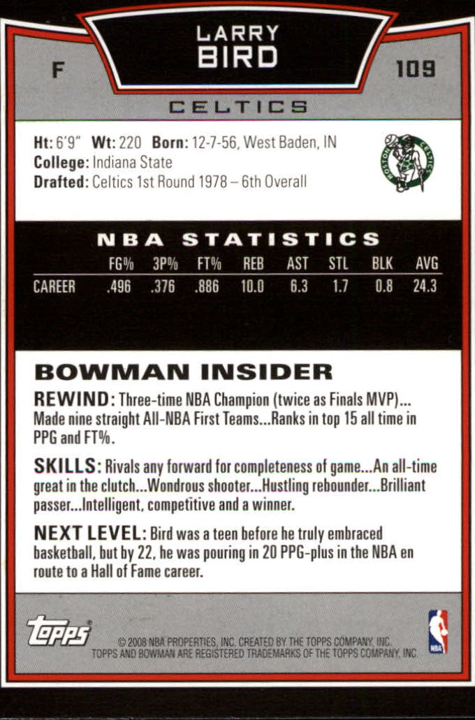 2008-09 Bowman #109 Larry Bird back image