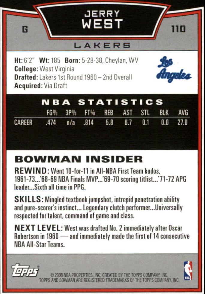 2008-09 Bowman #110 Jerry West back image