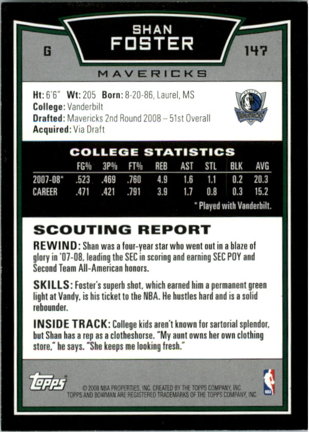 2008-09 Bowman #147 Shan Foster RC back image