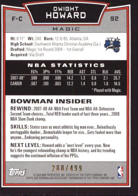 2008-09 Bowman Blue #92 Dwight Howard back image