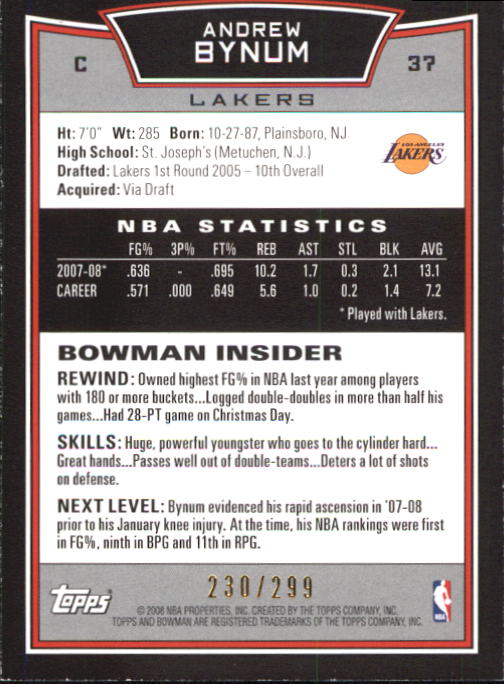 2008-09 Bowman Orange #37 Andrew Bynum back image