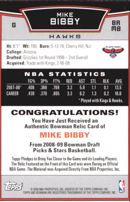 2008-09 Bowman Relics #BRMB Mike Bibby back image