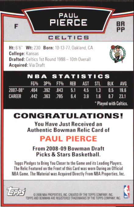 2008-09 Bowman Relics #BRPP Paul Pierce back image