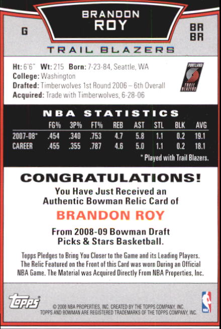 2008-09 Bowman Relics #BRBR Brandon Roy back image