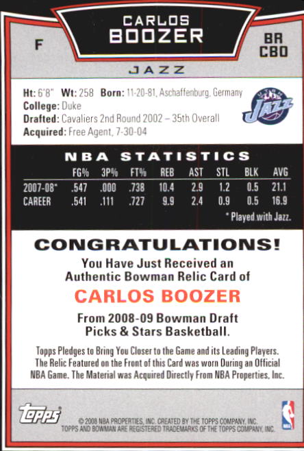 2008-09 Bowman Relics #BRCBO Carlos Boozer back image