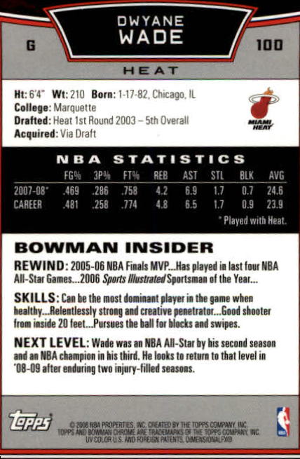 2008-09 Bowman Chrome #100 Dwyane Wade back image