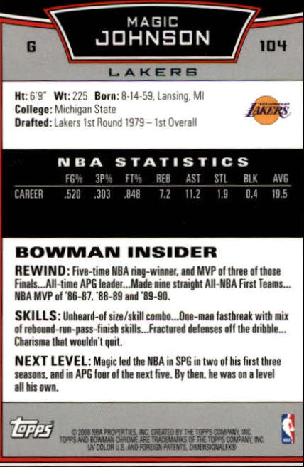 2008-09 Bowman Chrome #104 Magic Johnson back image
