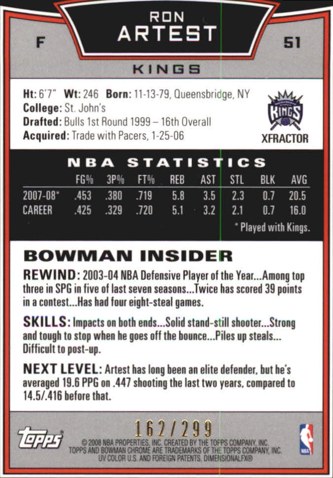 2008-09 Bowman Chrome X-Fractors #51 Ron Artest back image