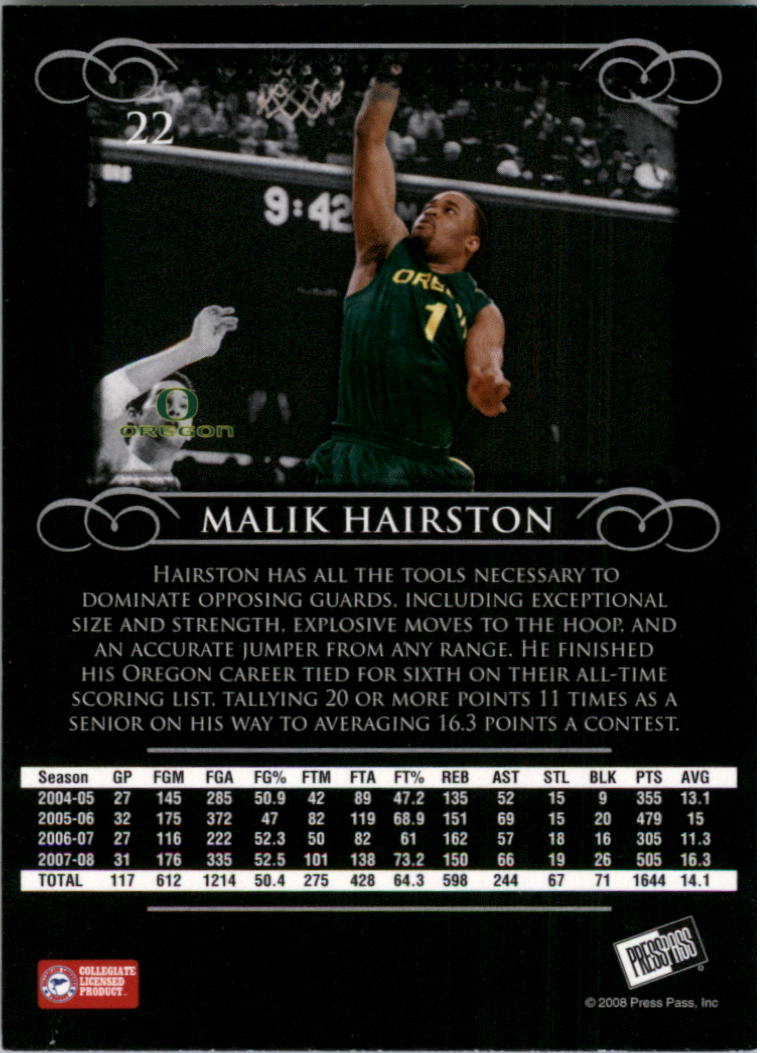 2008-09 Press Pass Legends #22 Malik Hairston back image