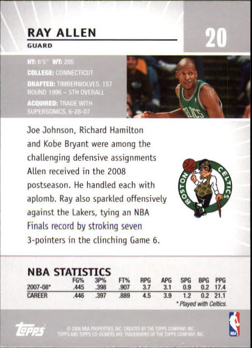 2008-09 Topps Co-Signers #20 Ray Allen back image