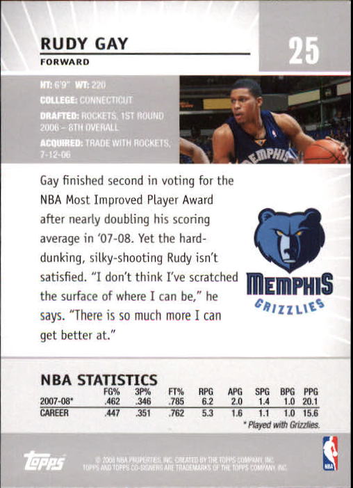 2008-09 Topps Co-Signers #25 Rudy Gay back image