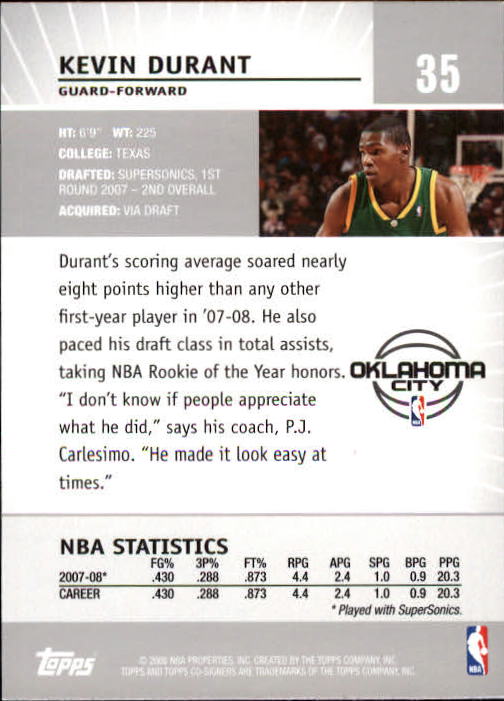 2008-09 Topps Co-Signers #35 Kevin Durant back image