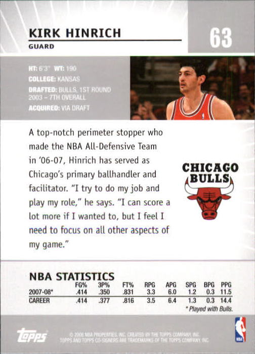 2008-09 Topps Co-Signers #63 Kirk Hinrich back image