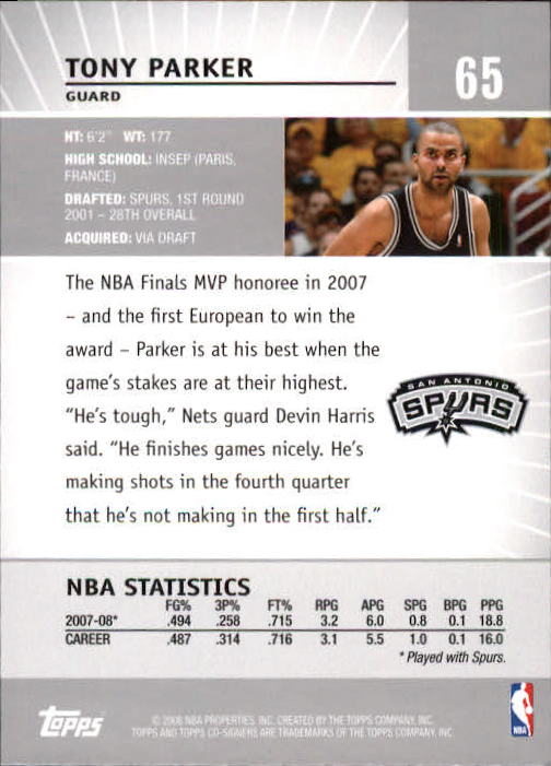 2008-09 Topps Co-Signers #65 Tony Parker back image