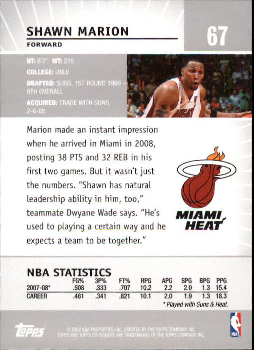 2008-09 Topps Co-Signers #67 Shawn Marion back image