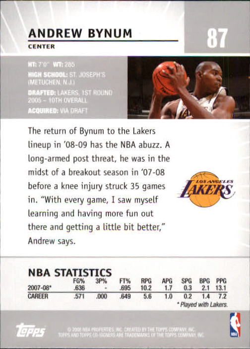 2008-09 Topps Co-Signers #87 Andrew Bynum back image