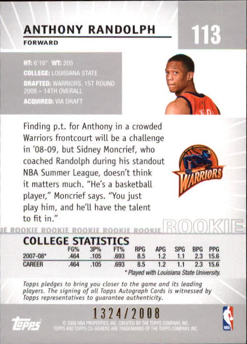2008-09 Topps Co-Signers #113 Anthony Randolph RC back image