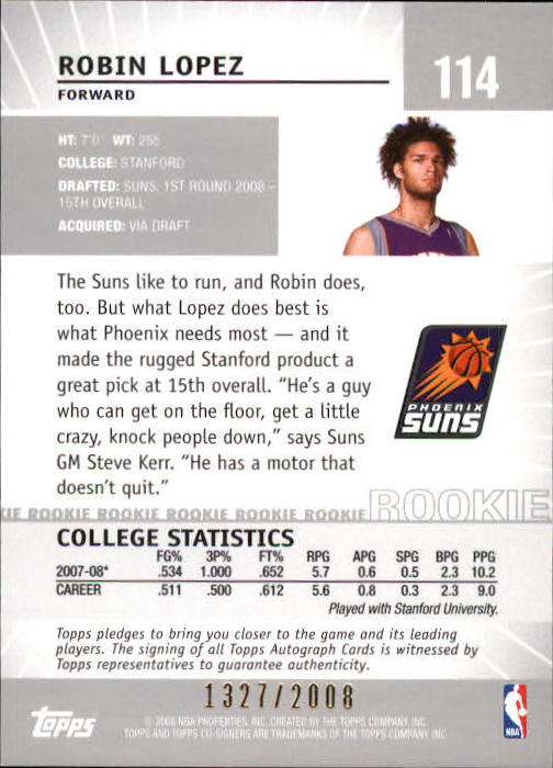 2008-09 Topps Co-Signers #114 Robin Lopez RC back image