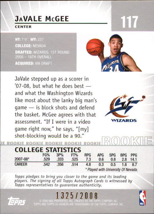 2008-09 Topps Co-Signers #117 JaVale McGee RC back image