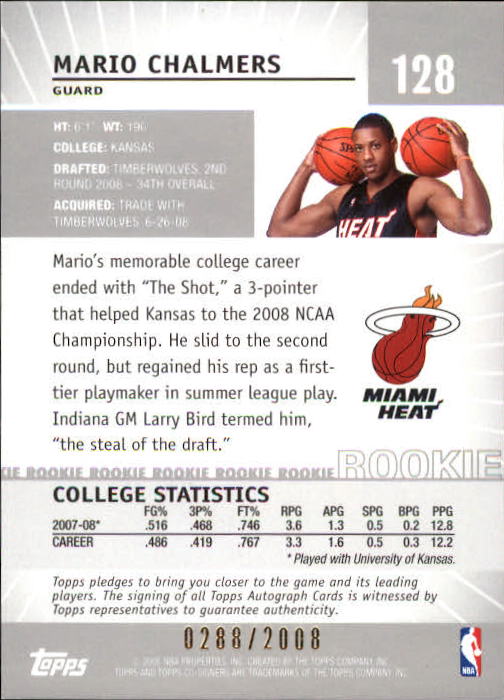 2008-09 Topps Co-Signers #128 Mario Chalmers RC back image