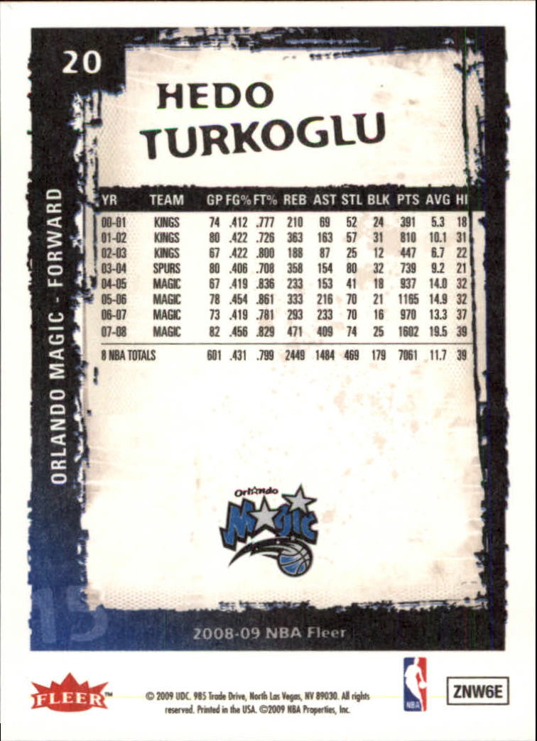 2008-09 Fleer #20 Hedo Turkoglu back image