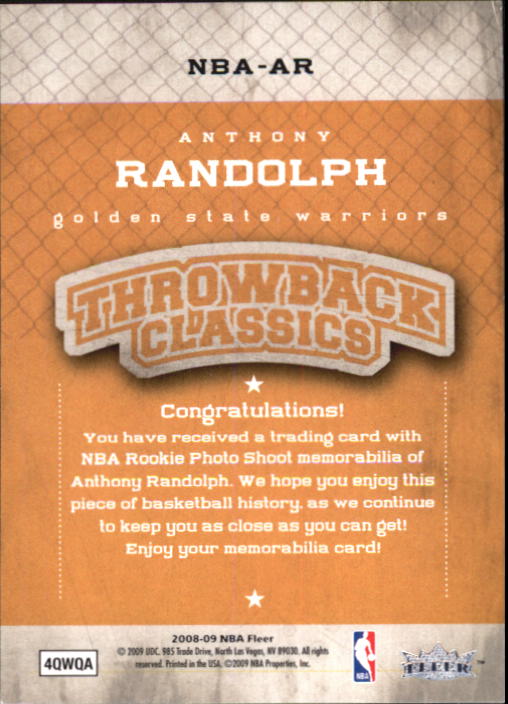 2008-09 Fleer NBA Classics #NBAAR Anthony Randolph back image