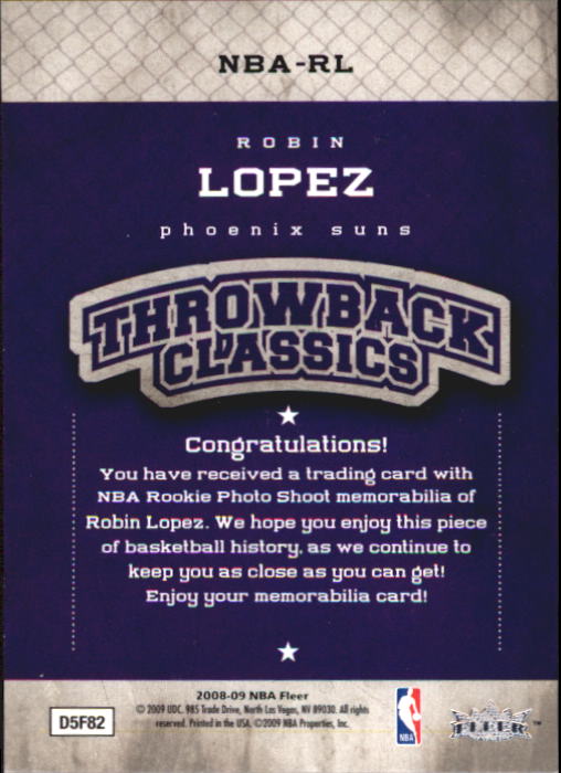 2008-09 Fleer NBA Classics #NBARL Robin Lopez back image