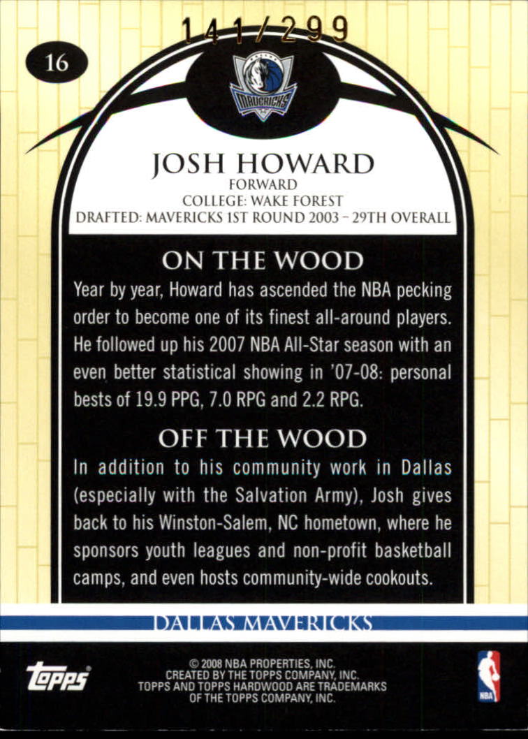 2008-09 Topps Hardwood Hardwood #16 Josh Howard back image