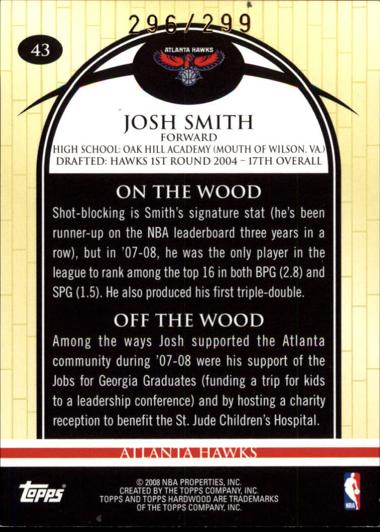 2008-09 Topps Hardwood Hardwood #43 Josh Smith back image