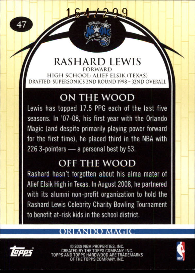 2008-09 Topps Hardwood Hardwood #47 Rashard Lewis back image
