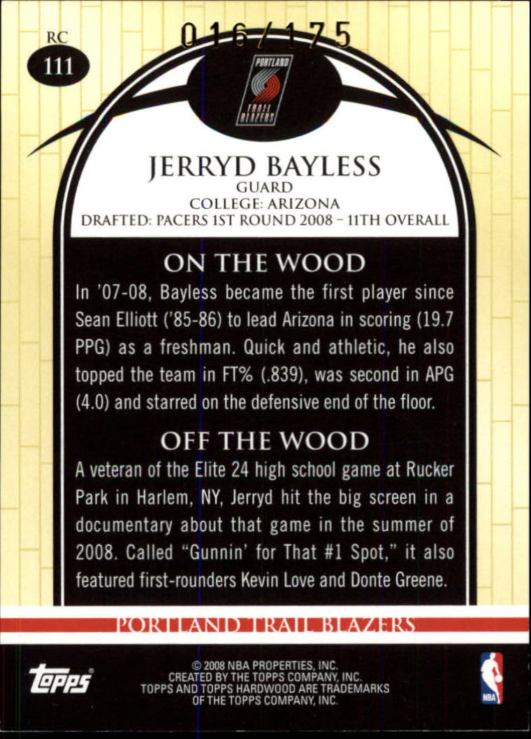 2008-09 Topps Hardwood Maple #111B Jerryd Bayless Posing back image