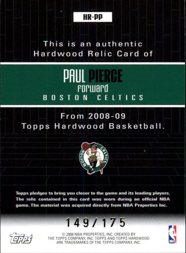 2008-09 Topps Hardwood Relics #HRPP Paul Pierce back image