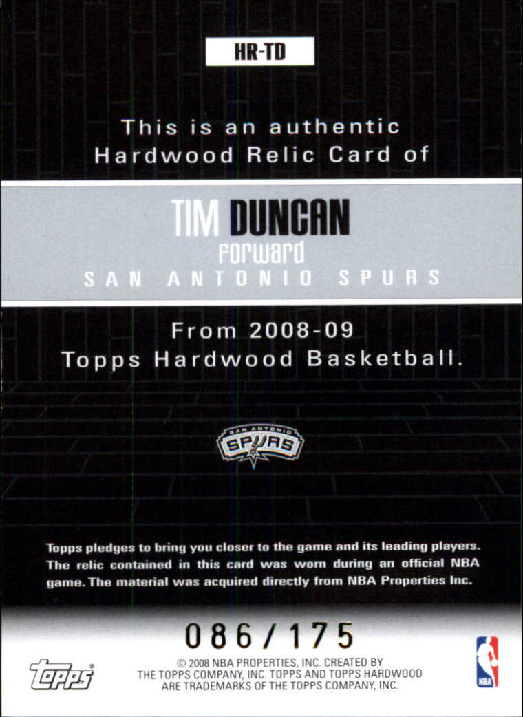 2008-09 Topps Hardwood Relics #HRTD Tim Duncan back image