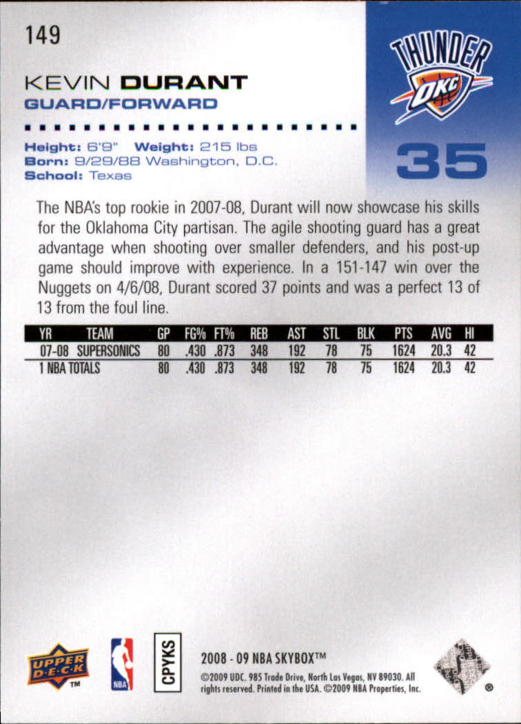 2008-09 SkyBox #149 Kevin Durant back image
