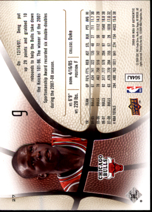 2008-09 SP Authentic #27 Luol Deng back image