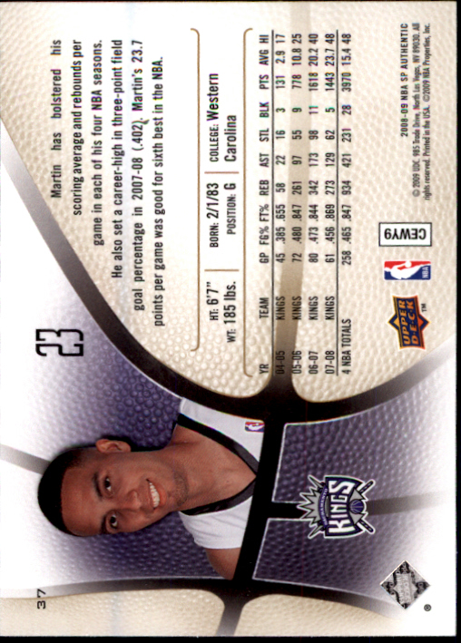 2008-09 SP Authentic #37 Kevin Martin back image